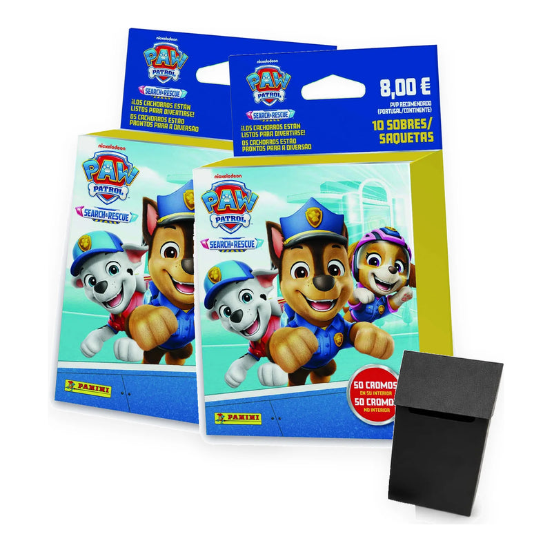 Pack recarga Panini Paw Patrol 12 Search & Rescue: 2 ecoblísteres de 10 sobres (20 sobres en total) y deck box rígida negra, sin álbum