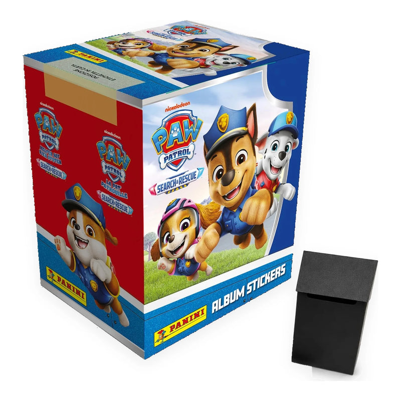 Pack recarga Panini Paw Patrol 12 Search & Rescue: caja de 36 sobres y deck box rígida negra, sin álbum