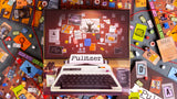 Portada de Pulitzer sobre la mesa con cartas, losetas y tableros de una partida
