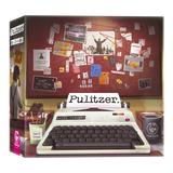 Caja del juego de mesa Pulitzer de Tranjis Games, con una máquina de escribir y un tablero de pruebas