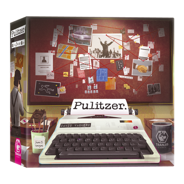 Caja del juego de mesa Pulitzer de Tranjis Games, con una máquina de escribir y un tablero de pruebas