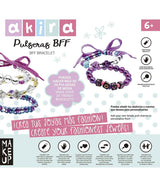 Box of the Akira Pulseras BFF kit showing purple and silver beaded bracelets with ribbon ties
