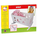 Cuna de muñecas Bino Molly de madera con ropa de cama – mecedora blanca con colchón, manta y almohada