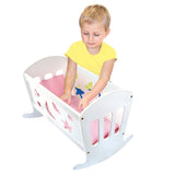 Cuna de muñecas Bino Molly de madera con ropa de cama – mecedora blanca con colchón, manta y almohada
