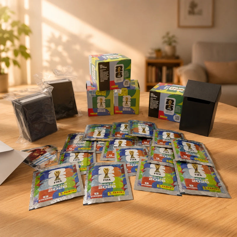 Sobres Panini World Cup 2026 y deck boxes sobre una mesa – foto real del material