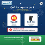 Infografía: qué incluye el pack – 50 sobres (350 cromos) y Deck Box de regalo