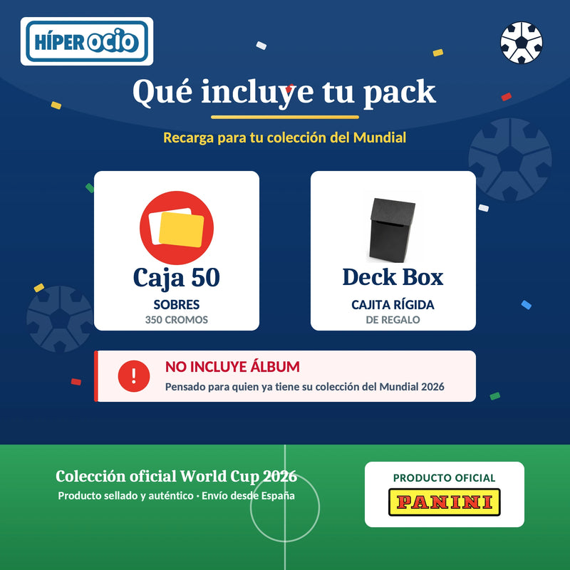Infografía: qué incluye el pack – 50 sobres (350 cromos) y Deck Box de regalo