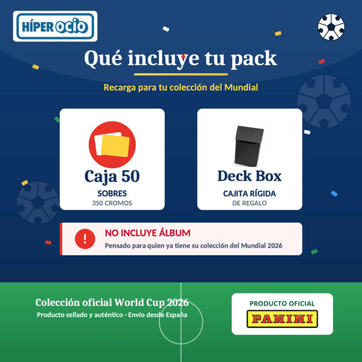 Infografía: qué incluye el pack – 50 sobres (350 cromos) y Deck Box de regalo