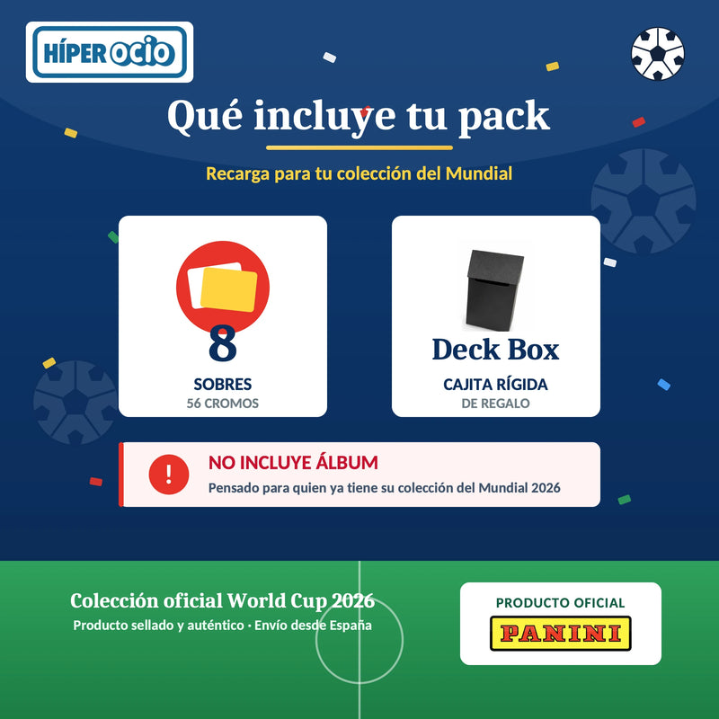 Infografía: qué incluye el pack – 8 sobres (56 cromos) y Deck Box de regalo