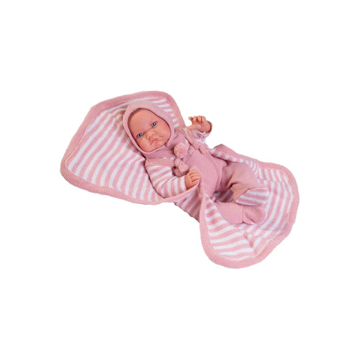Muñeca Antonio Juan Recién Nacida Nica 42cm con cuerpo de tela suave, rostro de vinilo realista, conjunto de punto con rayas, gorro y toquilla, extremidades rotatorias para máximo realismo
