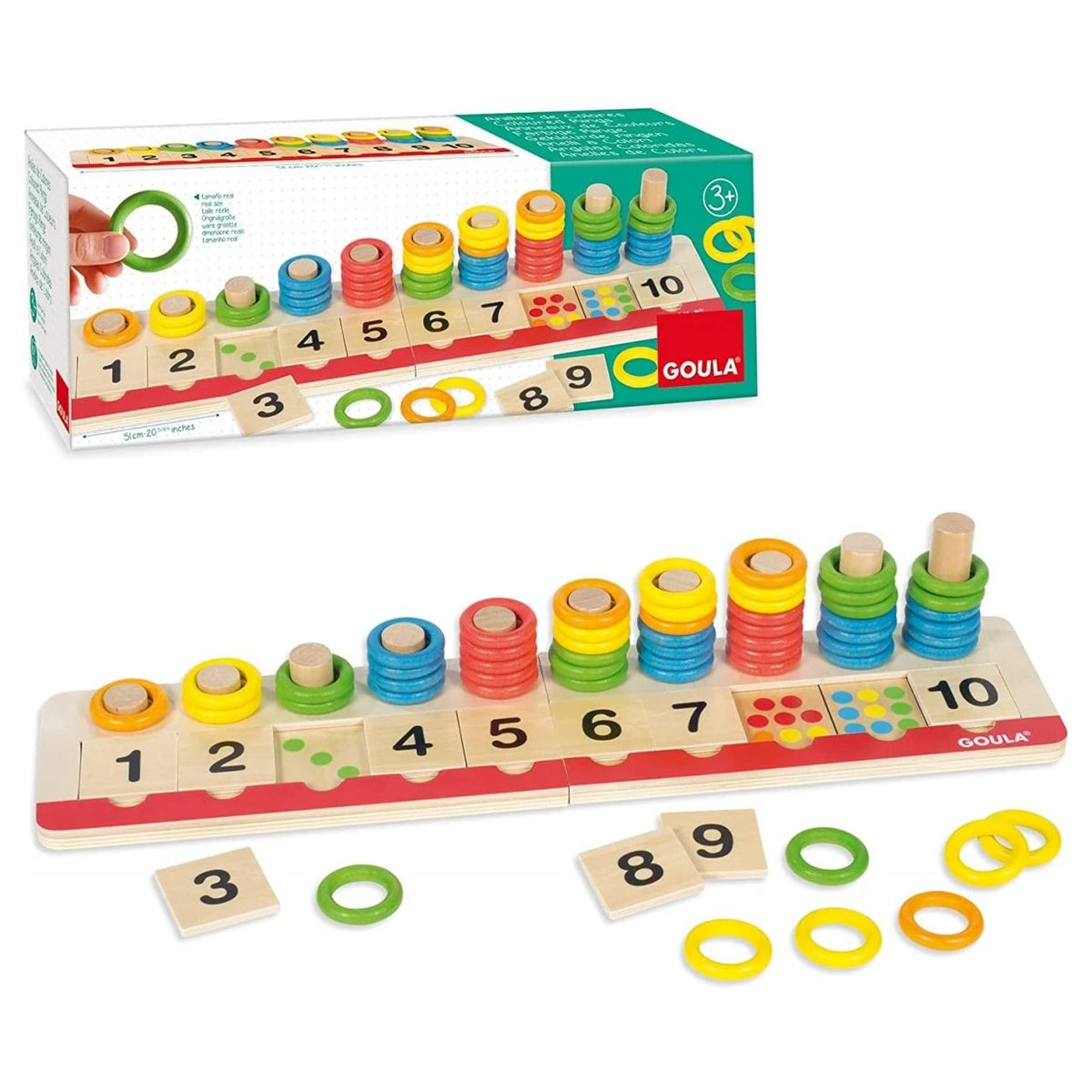 Goula Anillas de colores 55157: base de madera con diez varillas, fichas numeradas y anillas de cinco colores