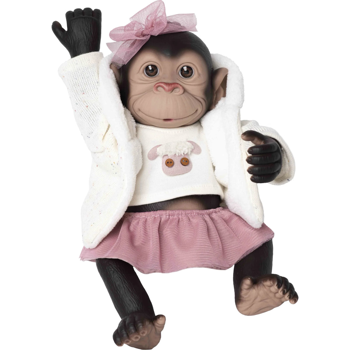 Mono reborn de Rosatoys 3339, cría de chimpancé de 35 cm sentada, con tutú rosa de tul, chaqueta de punto blanca y lazo rosa