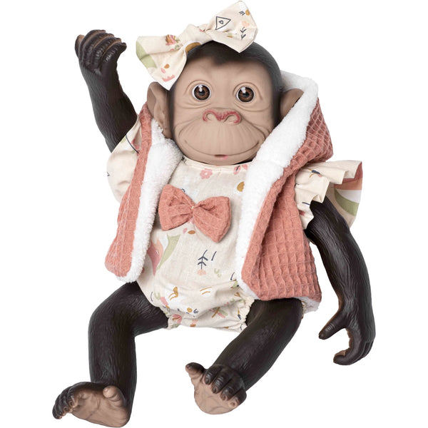 Mono reborn de Rosatoys 3341, cría de chimpancé de 35 cm con pelele de flores, chaleco teja con borreguito y lazo estampado