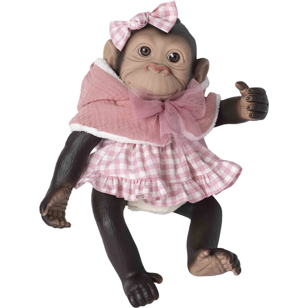 Mono reborn de Rosatoys 3342, cría de chimpancé de 35 cm con vestido de cuadros vichy rosa, capita con lazada de tul y lazo