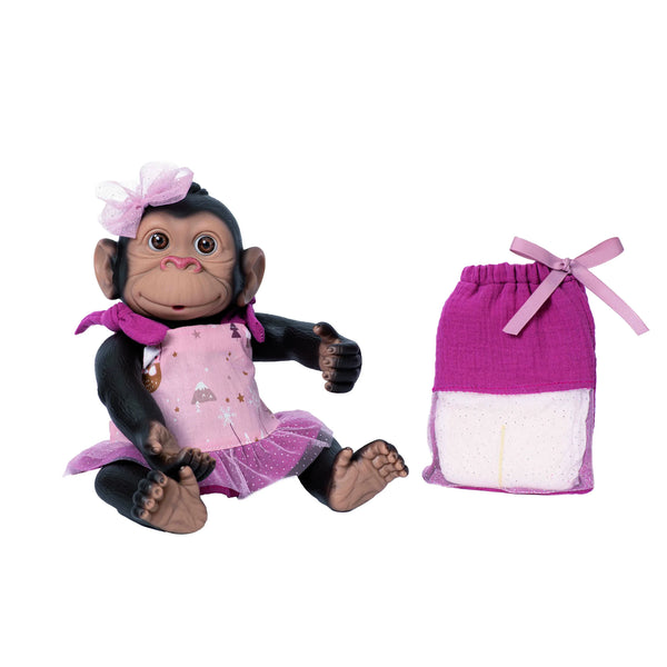 Mono reborn de Rosatoys 3349 de 35 cm con vestido rosa de tul y su bolsa de pañales a juego al lado