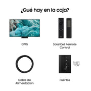 Contenido de la caja del Samsung TQ75Q7F5: televisor, mando SolarCell, cable y peana