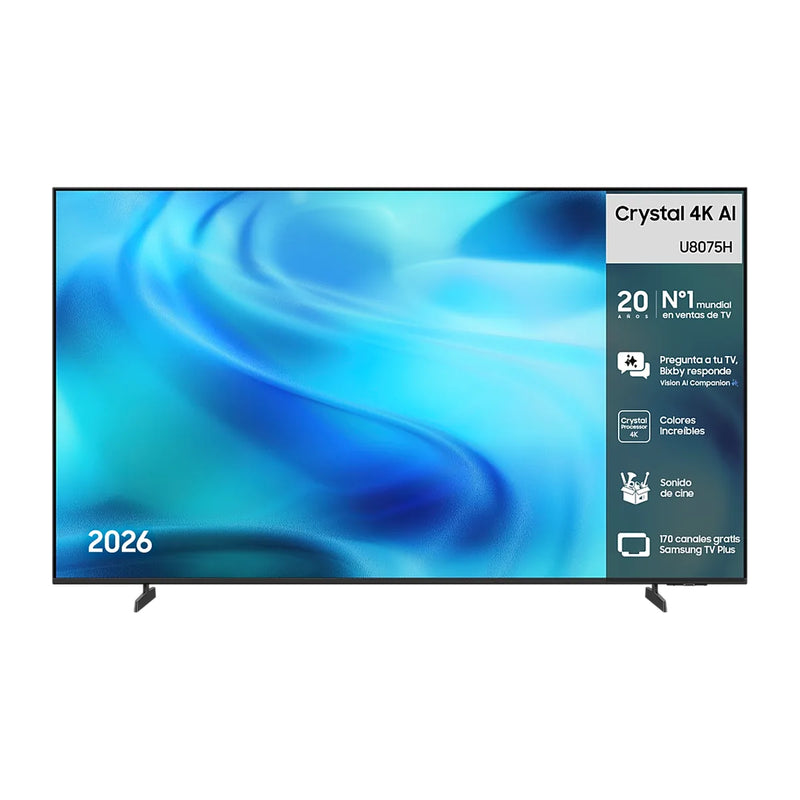 Televisor Samsung 65 pulgadas TU65U8075H Crystal UHD 4K con Vision AI, vista frontal con peana