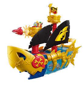 Piratix Shark Ship: barco tiburón dorado con velas negras y figura Piratix