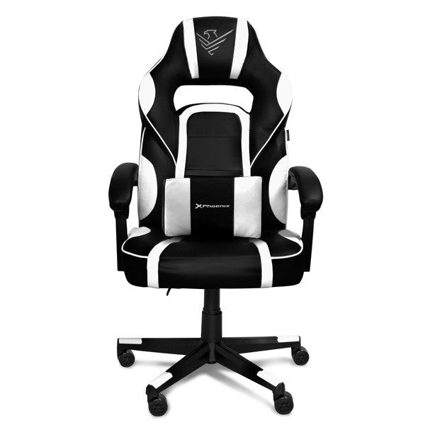 Silla gaming Phoenix Trophy cuero PU blanco y negro con diseño ergonómico y respaldo reclinable

