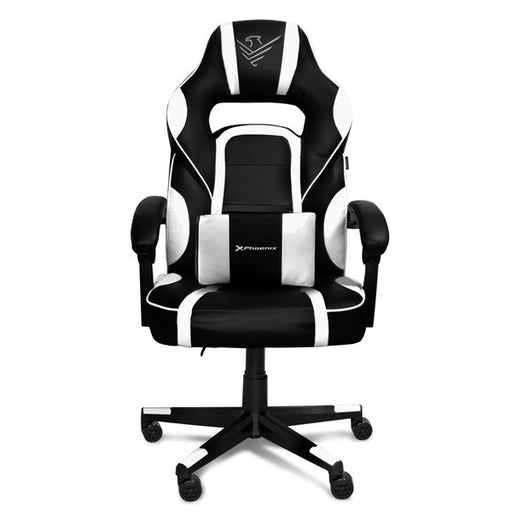 Silla gaming Phoenix Trophy cuero PU blanco y negro con diseño ergonómico y respaldo reclinable
