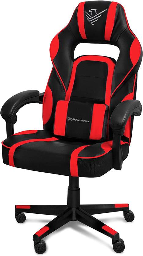 Silla gaming Phoenix Trophy cuero PU rojo y negro con diseño ergonómico y reposabrazos ajustables
