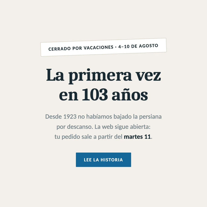 Cartel: cerrado por vacaciones del 4 al 10 de agosto, la primera vez en 103 años. La web sigue abierta.