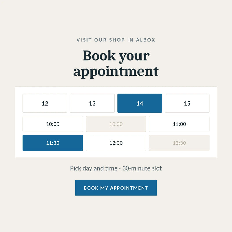 Book your appointment to visit the Híper Ocio shop in Albox. Pick a day and time, 30-minute slot.