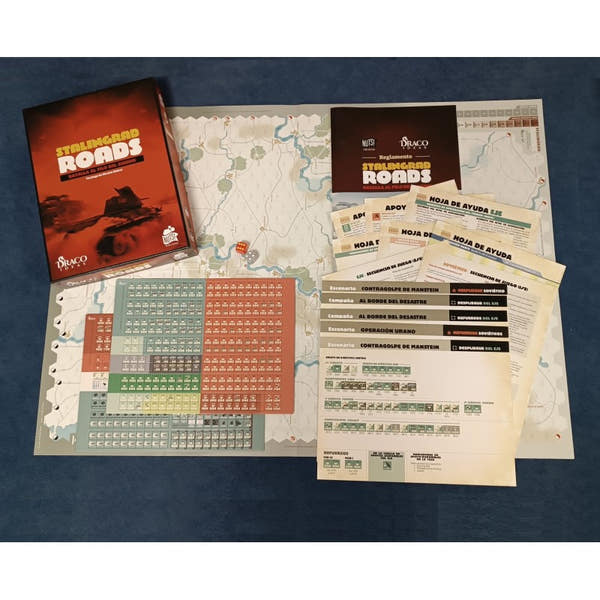 Stalingrad Roads en español de Draco Ideas: caja, mapa, reglamento, hojas de ayuda y planchas de fichas