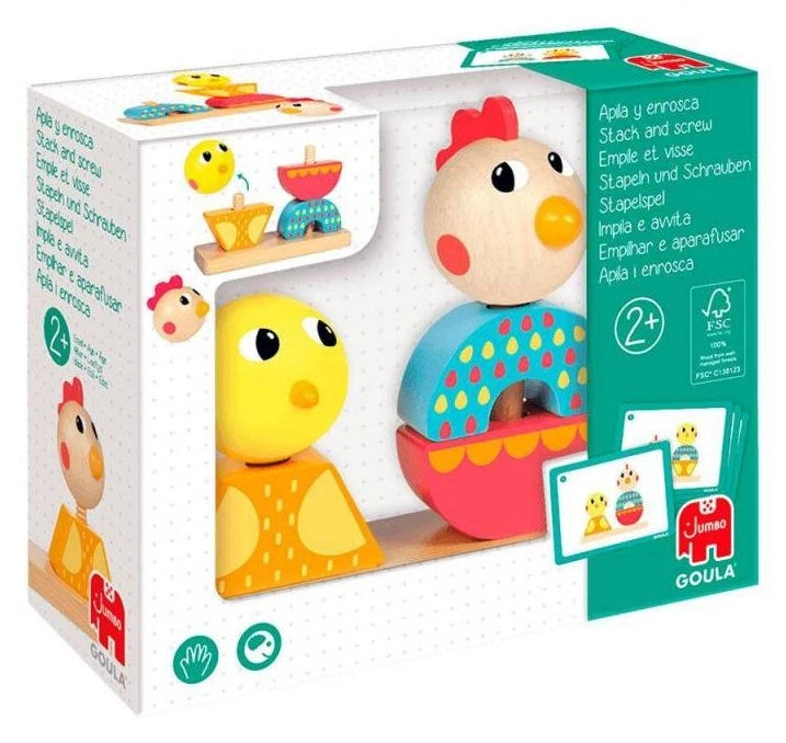 Caja de Goula Apila y enrosca 53154, juguete de madera de gallina y pollito desde 2 años