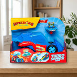 MagicBox SuperThings Turbo Spinners Hero - Lanzador Kazoom Power sobre una mesa de madera