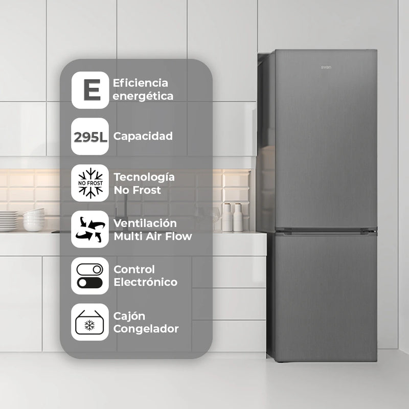 Combi Svan SC185602ENFX en una cocina con sus características: No Frost, Multi Air Flow y control electrónico