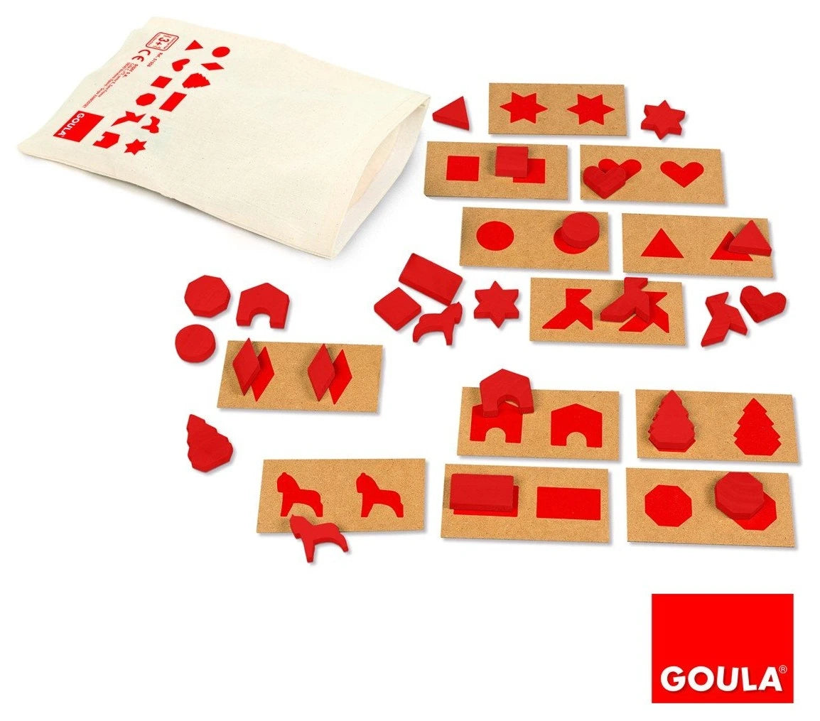 Goula Percepción táctil y asociación 1 (51208): tablillas con siluetas, figuras rojas de madera y bolsa