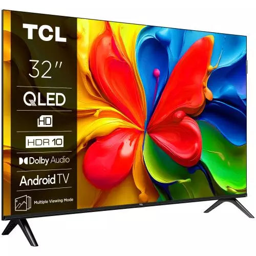Televisor TCL 32S4K QLED HD de 32 pulgadas con Google TV, vista frontal con peana