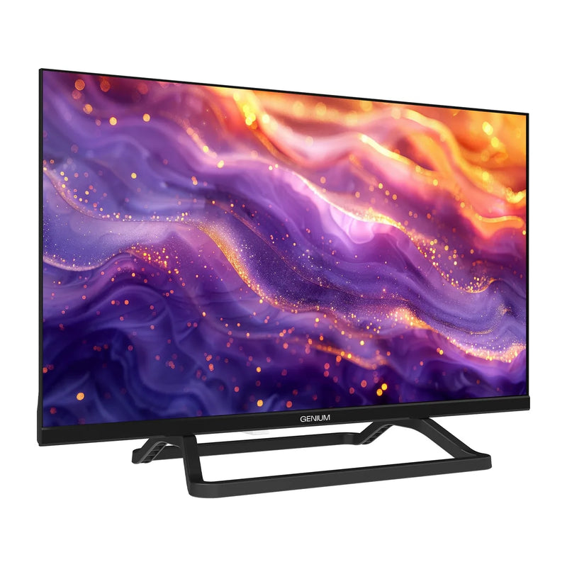 Televisor Genium GTV24HD de 24 pulgadas visto en tres cuartos sobre su peana