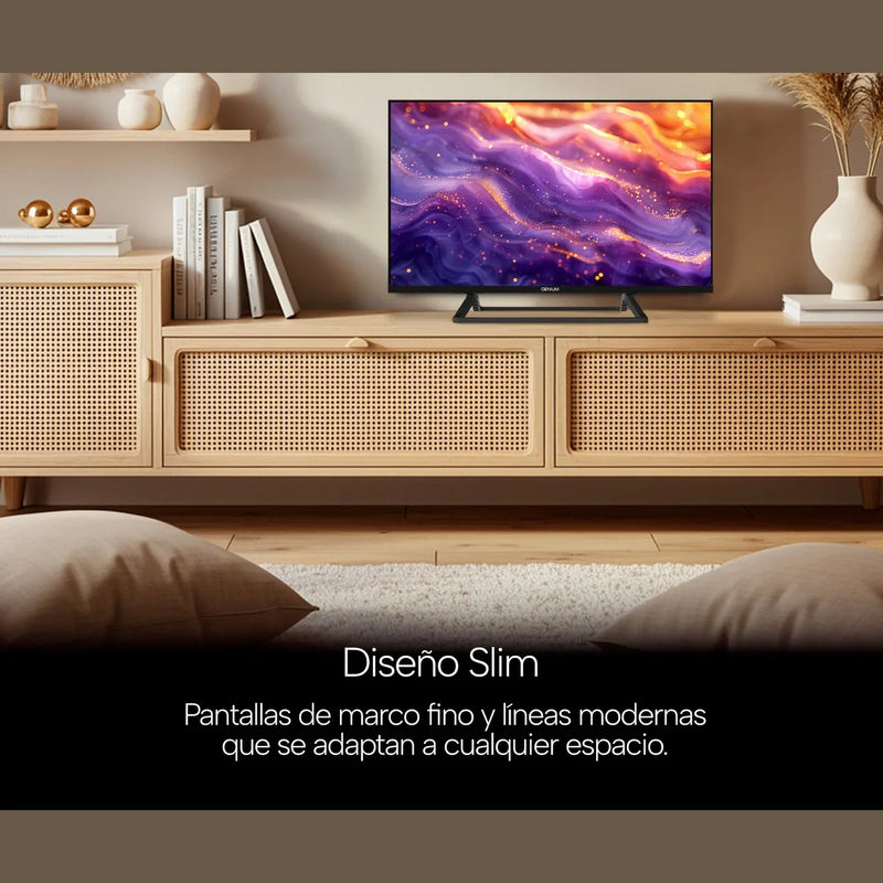 Diseño slim de marco fino del televisor Genium GTV24HD en un mueble de salón