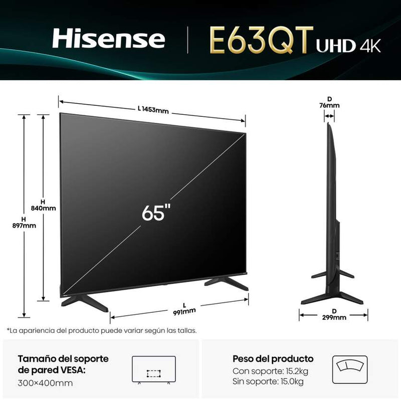 TV Hisense 65" 65E63QT UHD 4K Smart TV Dolby Vision