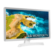 Televisor LG 24TQ510S-WZ en blanco visto en tres cuartos sobre su peana