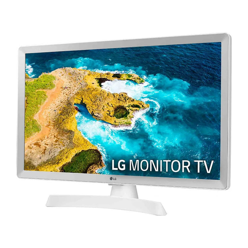 Televisor LG 24TQ510S-WZ en blanco en vista lateral con la pantalla encendida