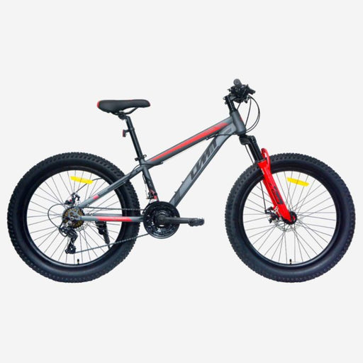Bicicleta de montaña UMIT Spartan X 24 pulgadas gris y roja con frenos de disco y cambio Shimano 21v