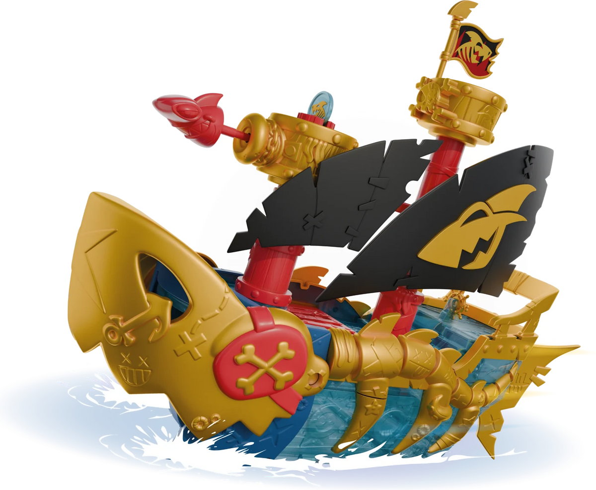 Shark Ship de Piratix: barco con forma de tiburón, casco dorado y velas negras
