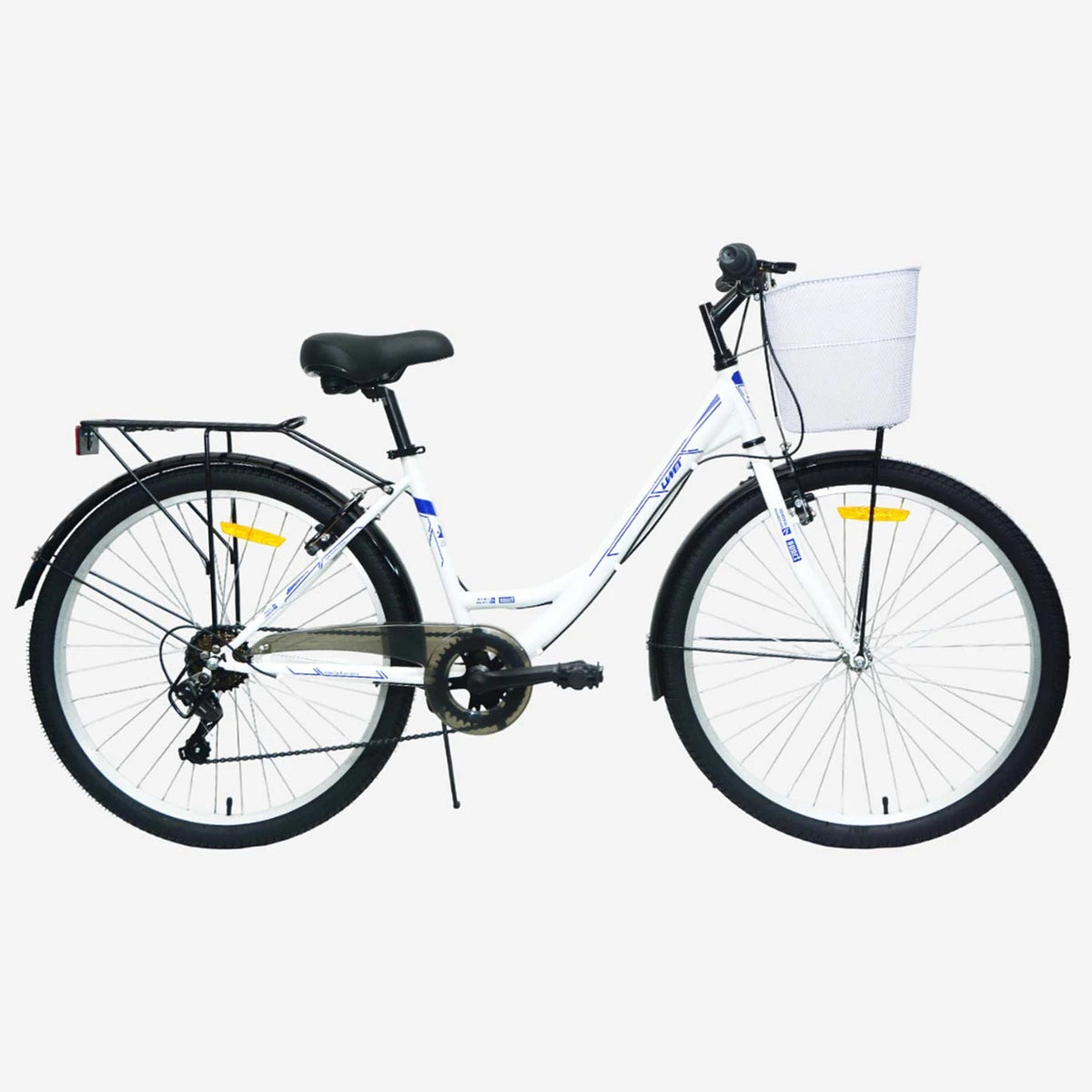 Bicicleta de paseo UMIT Bijou 26 pulgadas blanca con cesta delantera y cambio Shimano 6 velocidades