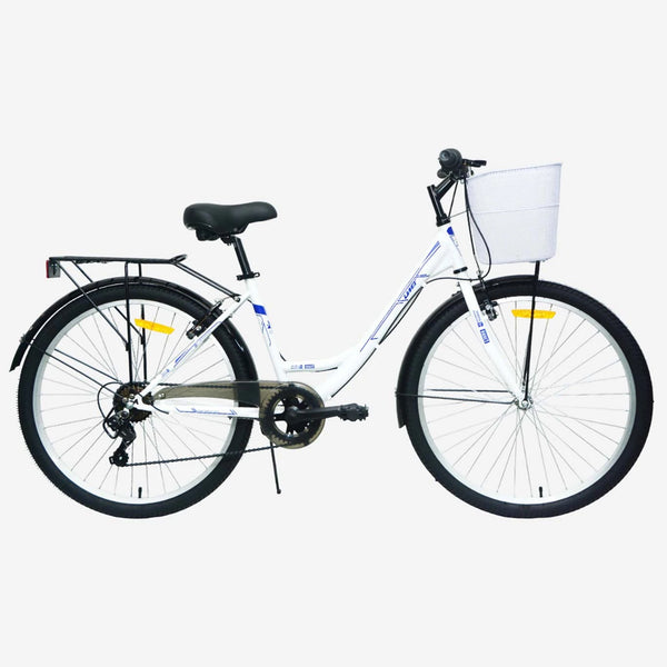 Bicicleta de paseo UMIT Bijou 26 pulgadas blanca con cesta delantera y cambio Shimano 6 velocidades