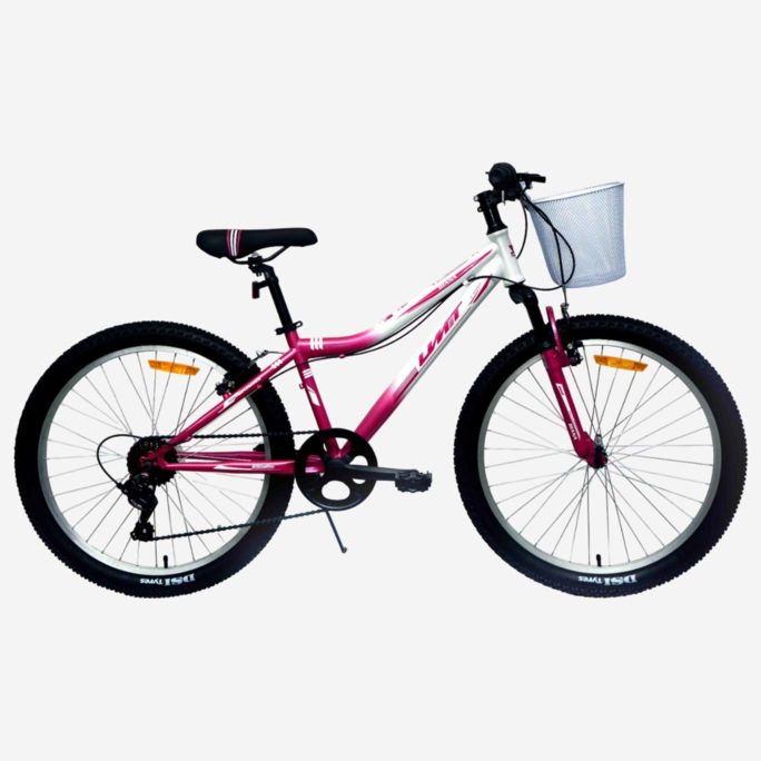Bicicleta UMIT Diana 24 pulgadas rosa y blanca para niña con cesta delantera y cambio Shimano 7v