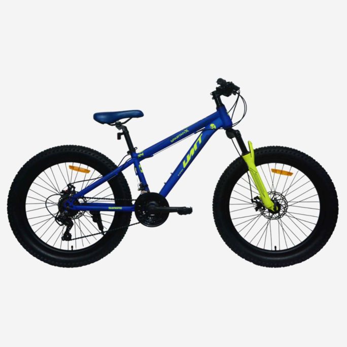 Bicicleta de montaña UMIT Spartan X 24 pulgadas azul y amarilla con frenos de disco y cambio Shimano 21v