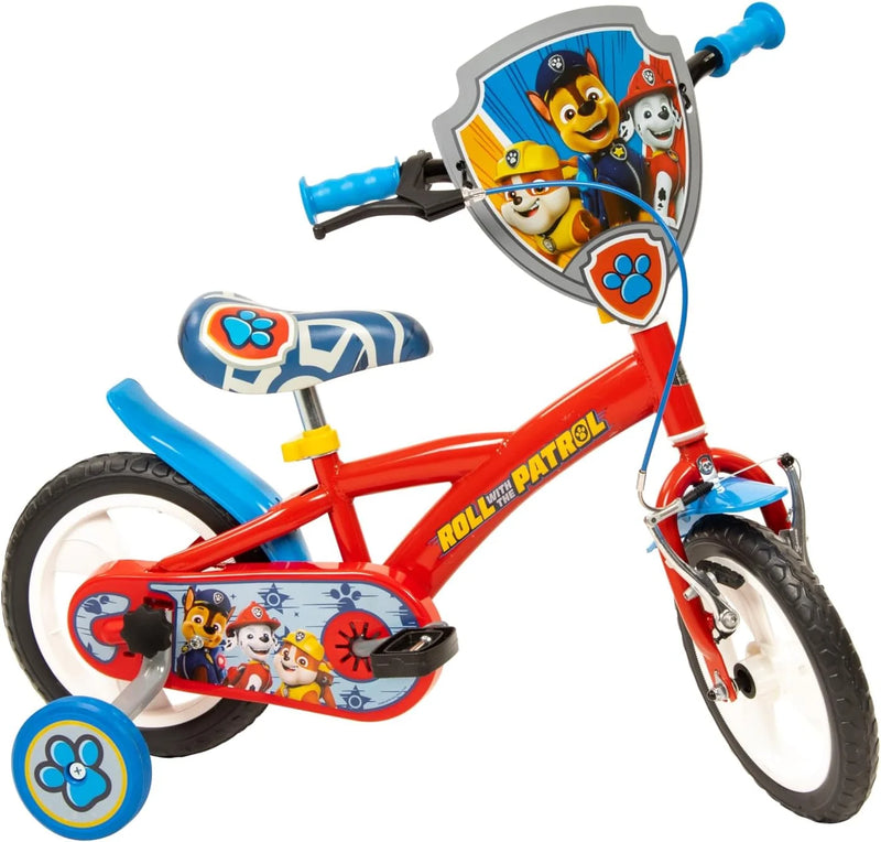 Bicicleta infantil Toimsa 12'' Paw Patrol roja (1278), vista frontal con ruedines y placa de la Patrulla Canina