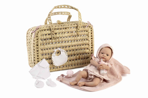 Violeta Silicona 7901 Antonio Juan - muñeca sentada con maletín cerrado y accesorios