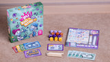 Virus! Roll & Write con la caja, los dados de colores, las cartas, el bloc de hojas de juego y los lápices