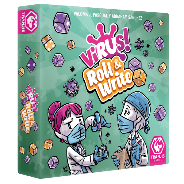 Caja del juego Virus! Roll & Write de Tranjis Games, de Paloma J. Pascual y Abraham Sánchez