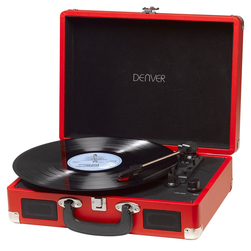 Tocadiscos Denver VPL-120 rojo maletín portátil altavoces Bluetooth 3 velocidades USB vinilo estilo vintage
