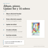 Qué incluye: álbum, póster con 30 cromos, Update Set de 120 cromos, 16 sobres y deck box